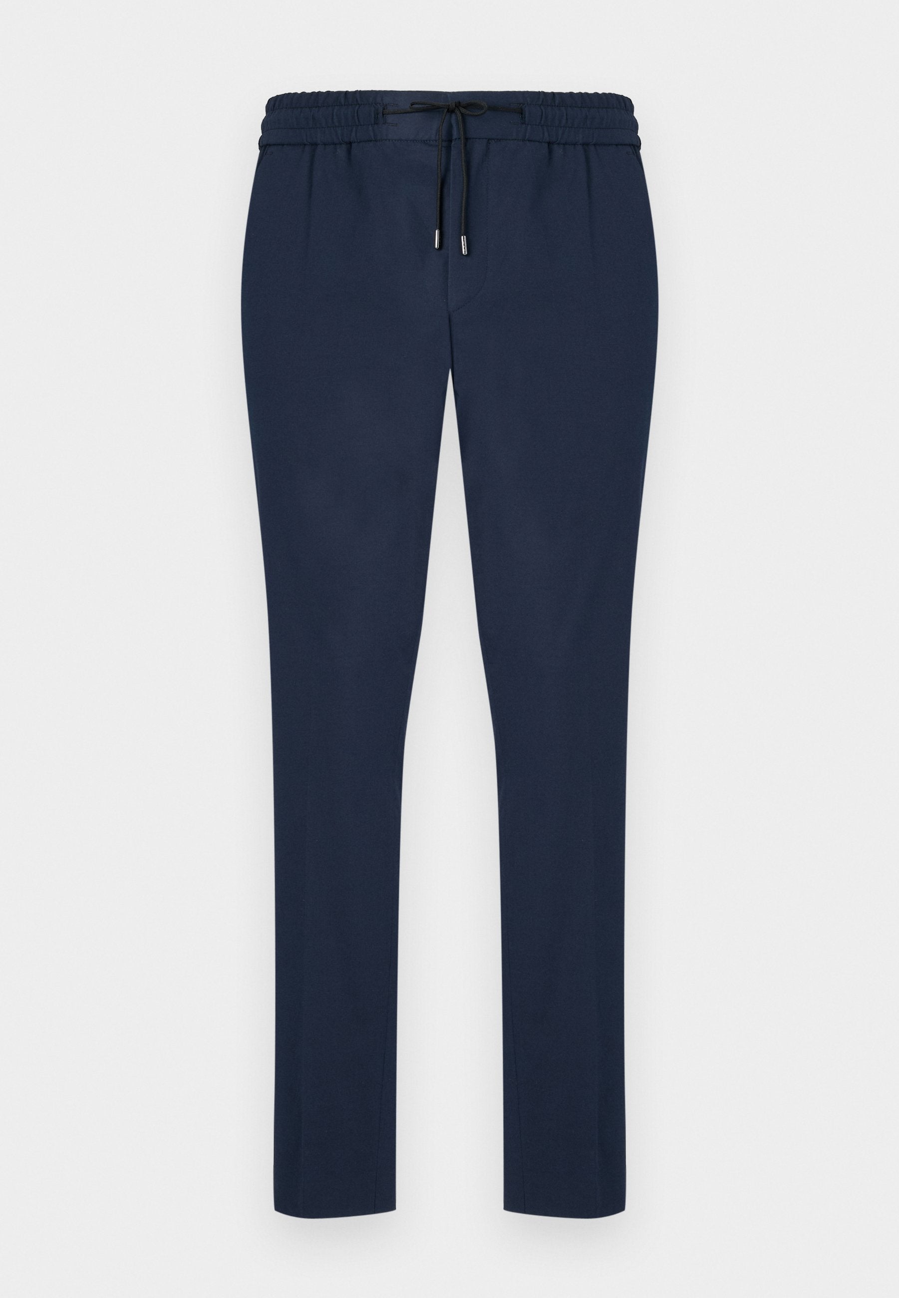 Dunkelblaue Jogginghosen mit einem Kordelzugbund, schmal zulaufenden Beinen und einem weichen, glatten Stoff. Keine Taschen oder auffälligen Muster.