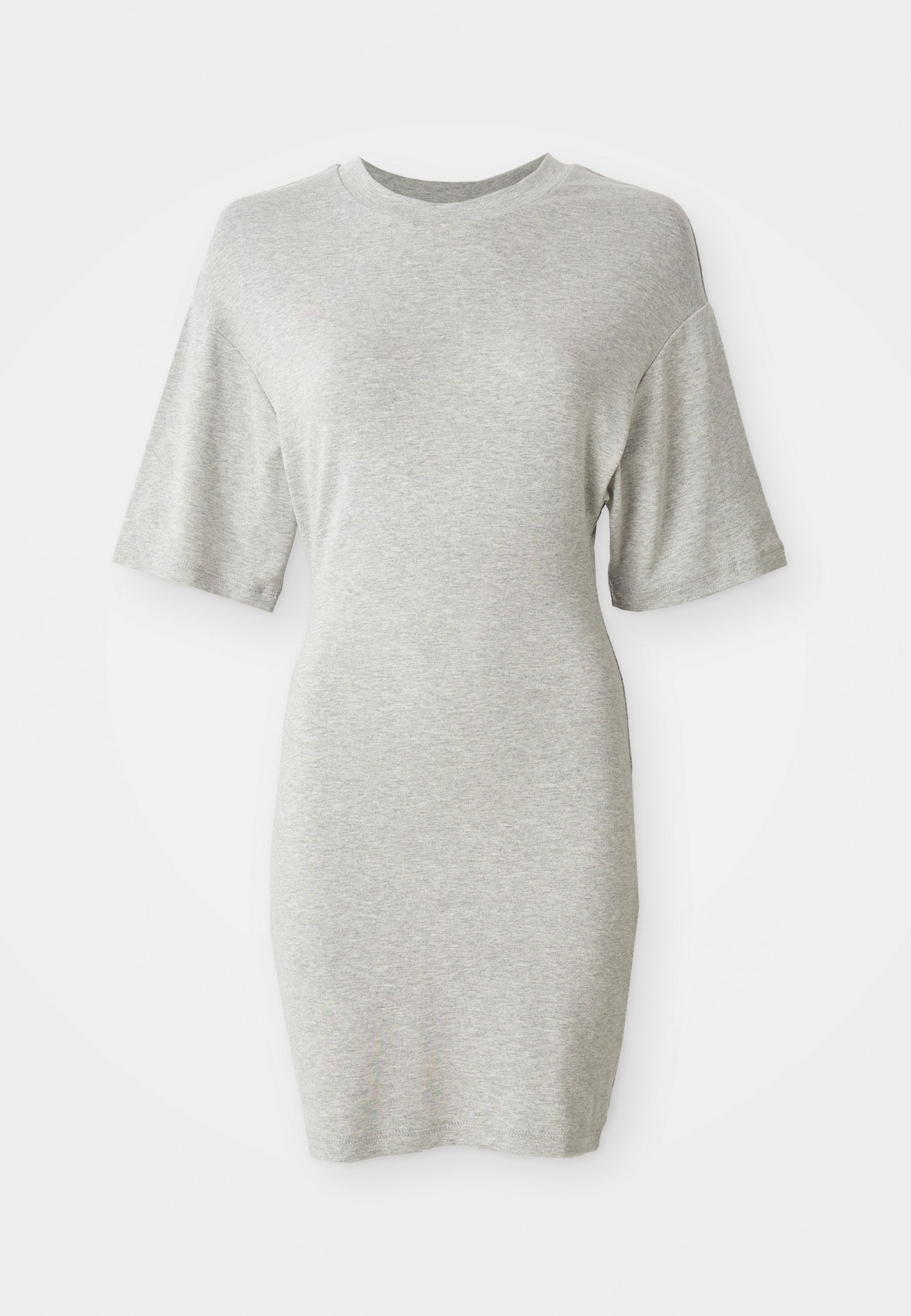 Graues Kurzarmkleid aus weichem, leichtem Stoff, mit lockerem Schnitt und Rundhalsausschnitt, der sich zum Saum hin leicht verjüngt.