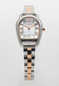 Silberne und roségoldene Aigner-Armbanduhr mit hufeisenförmigem Zifferblatt, römischen Zahlen und Metallgliederarmband.