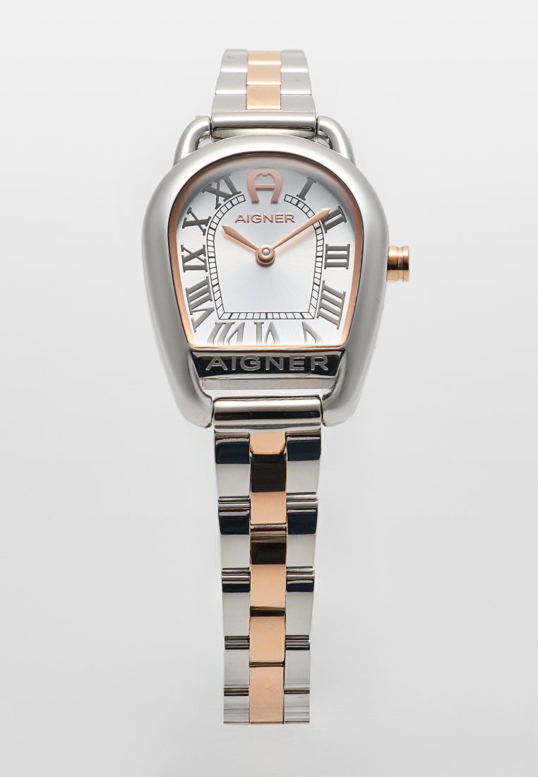 Silberne und roségoldene Aigner-Armbanduhr mit hufeisenförmigem Zifferblatt, römischen Zahlen und Metallgliederarmband.