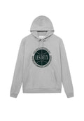 Grauer Baumwoll-Hoodie mit einer Fronttasche, Kapuze mit Kordelzug und einem runden Grafikdesign in dunkelgrüner Schrift mit "LES DEUX COPENHAGEN" und einem Slogan.