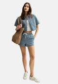 Blau-weiß gestreiftes Kurzarmhemd aus Baumwolle und Shorts-Set, mit einem Kordelzugbund, kombiniert mit einer geflochtenen Tragetasche und Sneakers.