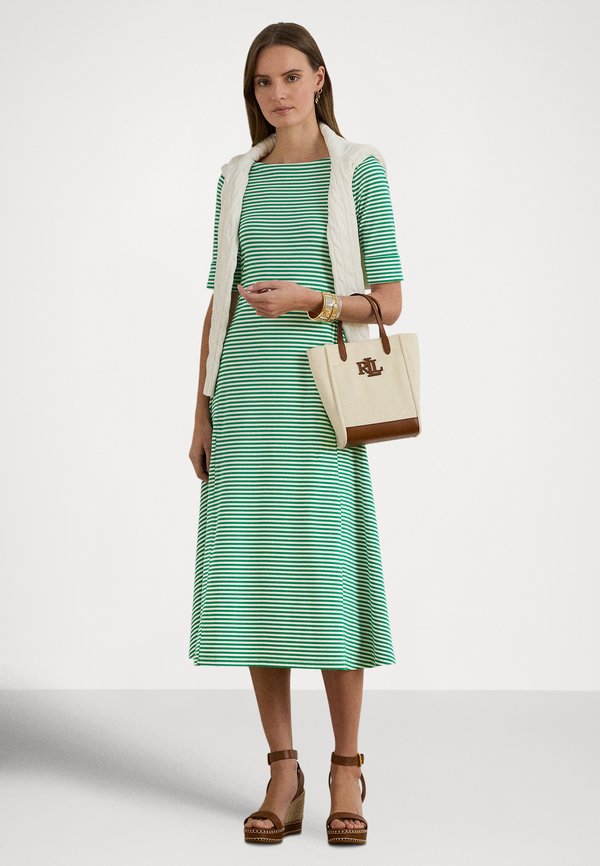 Lauren Ralph Lauren Petite STRIPED STRETCH COTTON RIBBED MIDI DRESS
