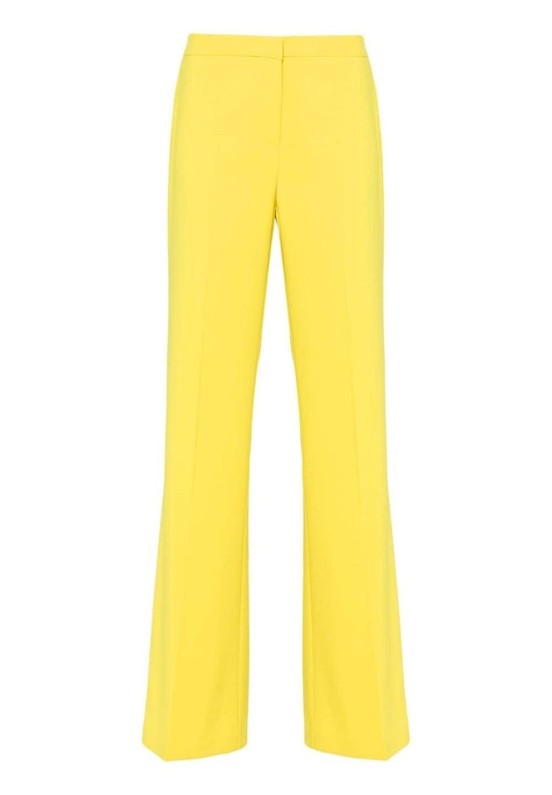 Helle gelbe maßgeschneiderte Hose mit ausgestelltem Bein-Design und glatter Textur, ausgestattet mit einem taillierten Bund und ohne sichtbare Beschläge oder Verzierungen.