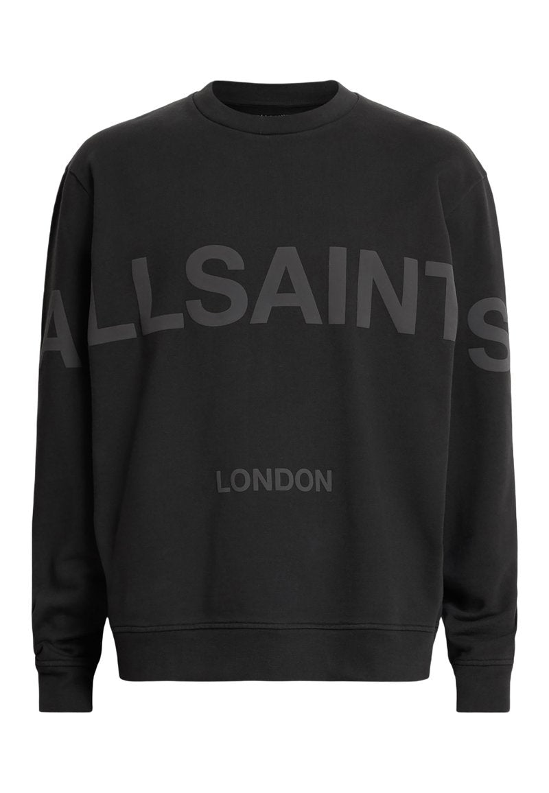 Schwarzer Langarm-Sweatshirt mit "ALLSAINTS" quer über der Brust und "LONDON" darunter in einem etwas helleren Farbton gedruckt.