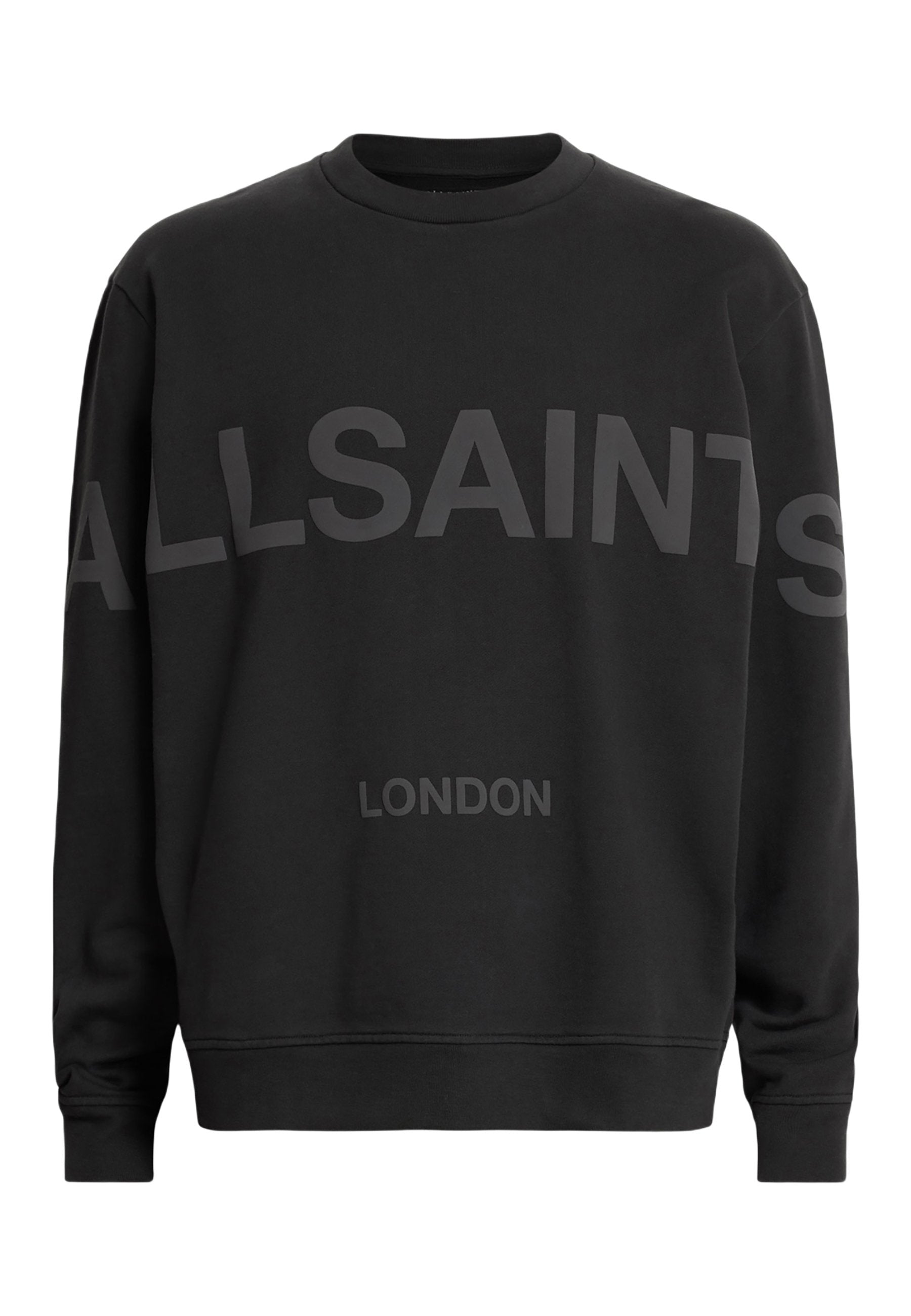 Schwarzer Langarm-Sweatshirt mit "ALLSAINTS" quer über der Brust und "LONDON" darunter in einem etwas helleren Farbton gedruckt.