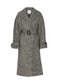 Hahnentrittmuster Trenchcoat in Schwarz und Weiß, mit einem Gürtel, breiten Revers und aufgerollten Ärmeln. Aus strukturiertem Stoff, mittellanges Design.
