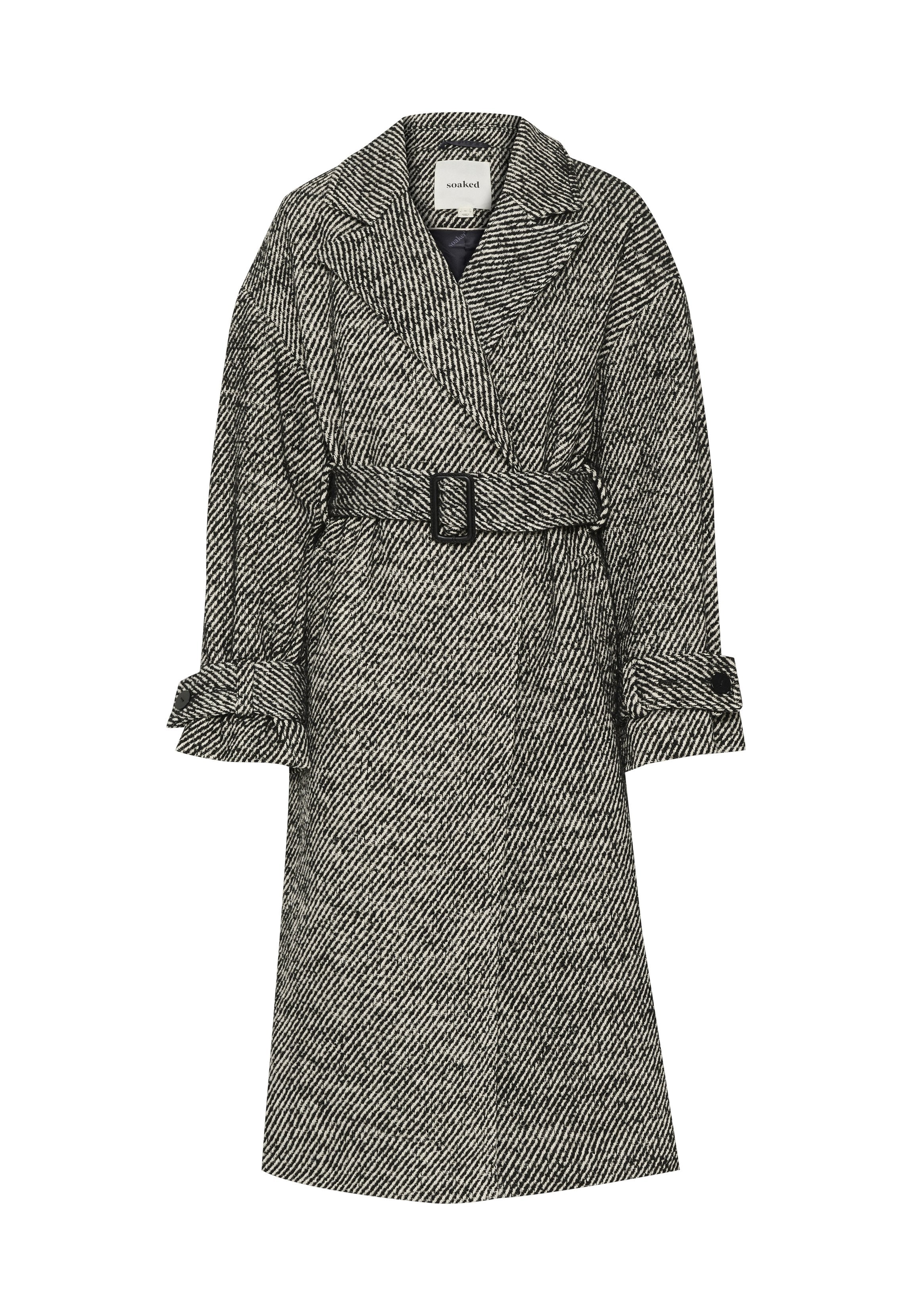 Hahnentrittmuster Trenchcoat in Schwarz und Weiß, mit einem Gürtel, breiten Revers und aufgerollten Ärmeln. Aus strukturiertem Stoff, mittellanges Design.