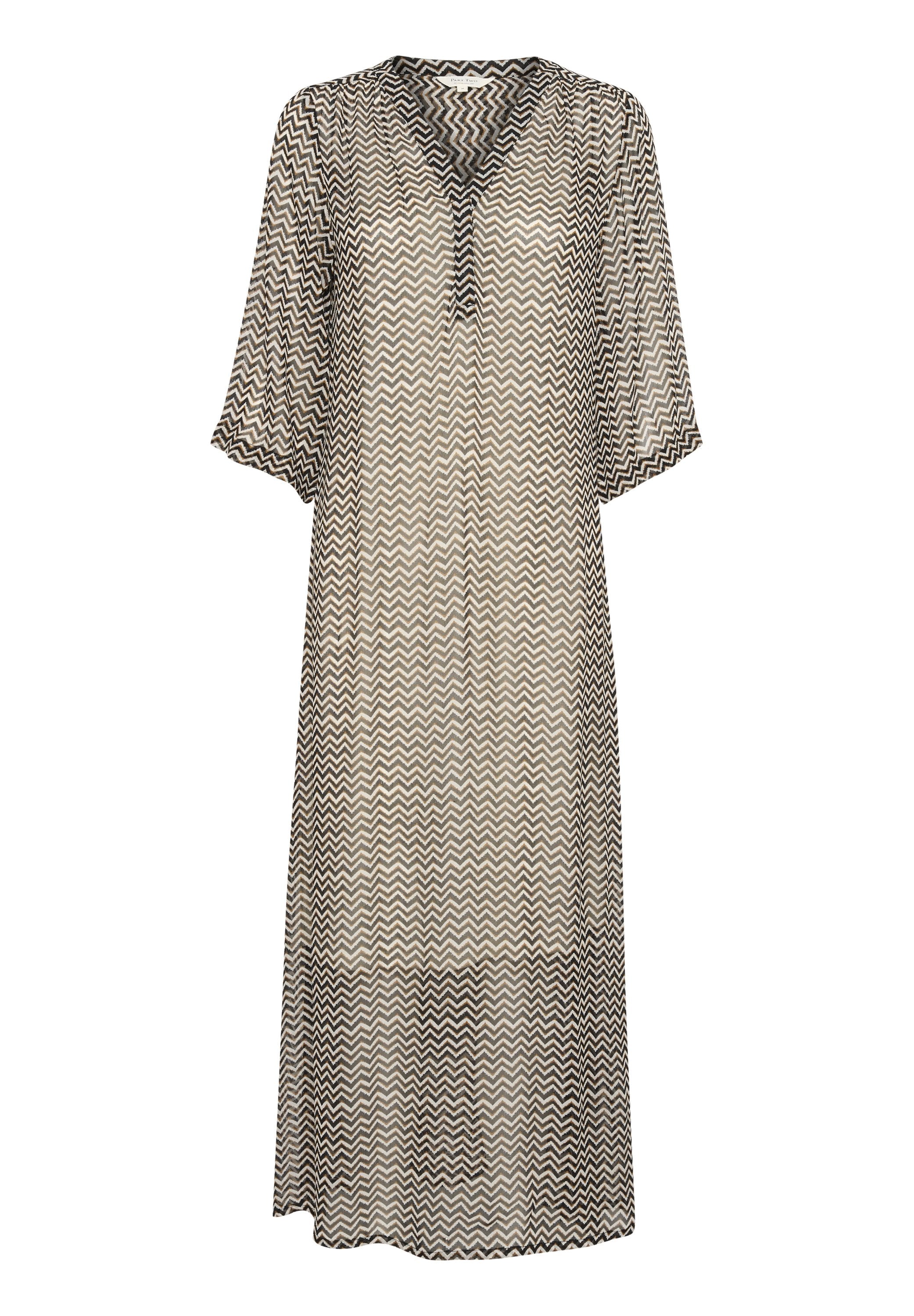 Leichtes, gemustertes Kleid in neutralen Tönen mit Chevron-Design, V-Ausschnitt und ärmellangen Ärmeln, das eine lockere Passform hat.
