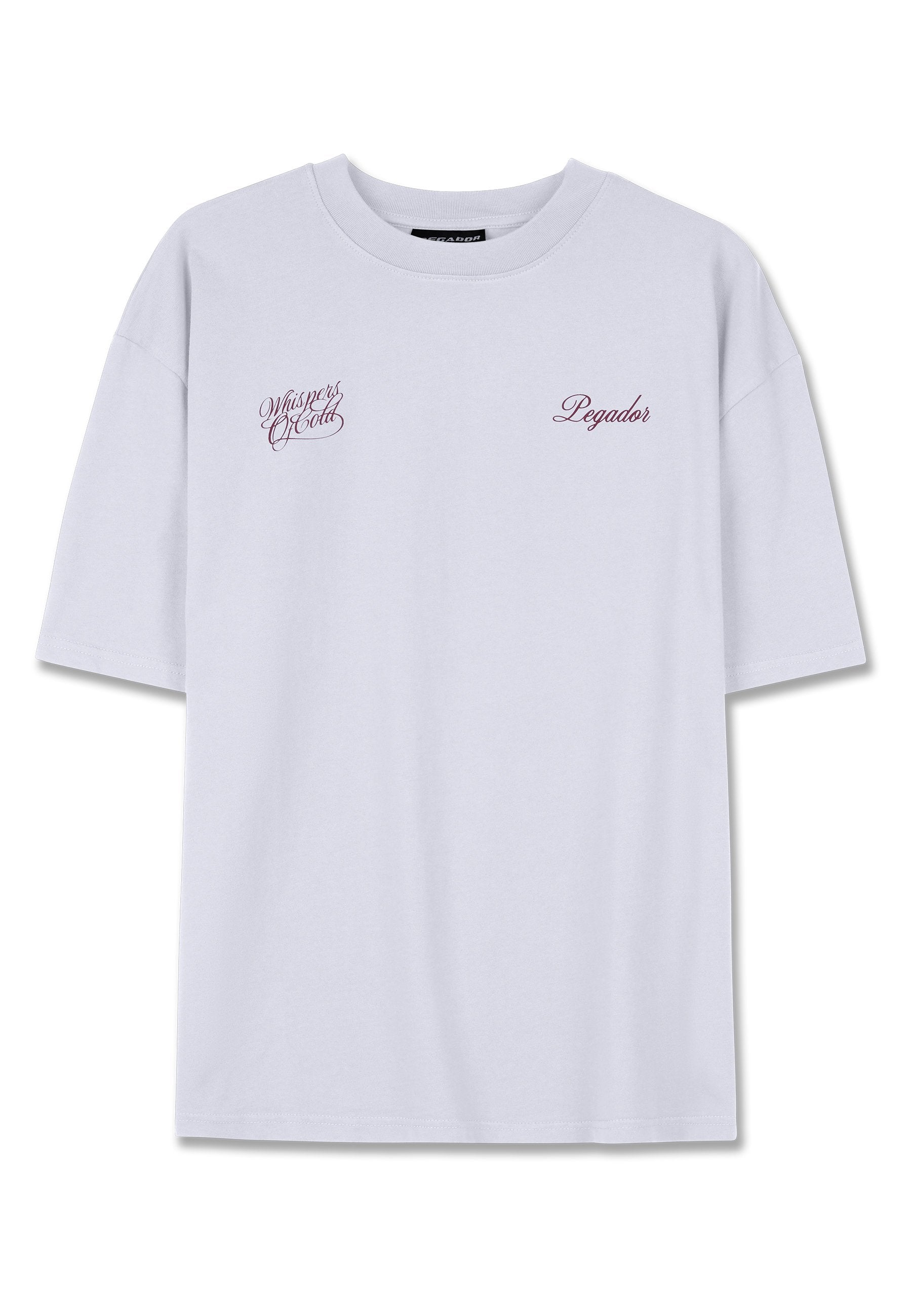 Weißes Baumwoll-T-Shirt mit kurzen Ärmeln, Rundhalsausschnitt und burgunderrotem gesticktem Text: "Whispers of Gold" und "Pegador."