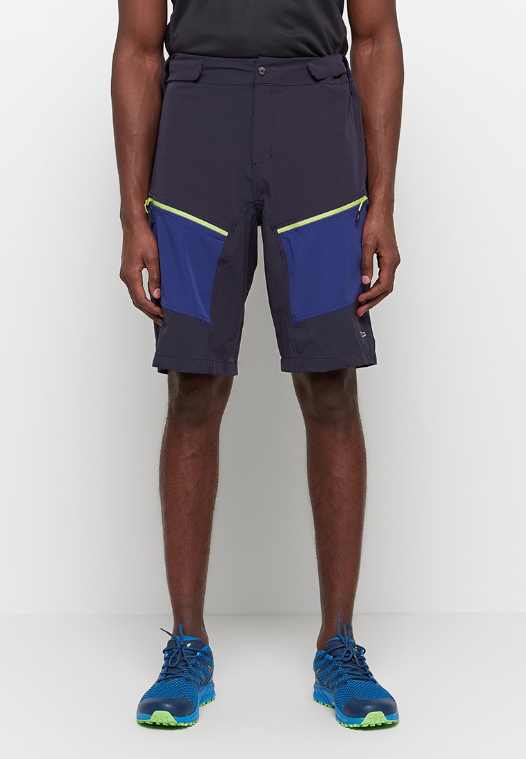 Herren-Shorts aus dunkelgrauem Stoff mit blauen Seiteneinsätzen und leuchtend grünen Reißverschlussakzenten, im geraden Schnitt und aus leichtem Material.