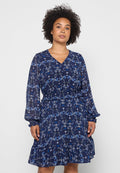 Blaues Blumenmusterkleid mit langen Puffärmeln, V-Ausschnitt, elastischem Bund und Rüschensaum. Gefertigt aus transparenter, leichter Stoff mit komplexen Mustern.