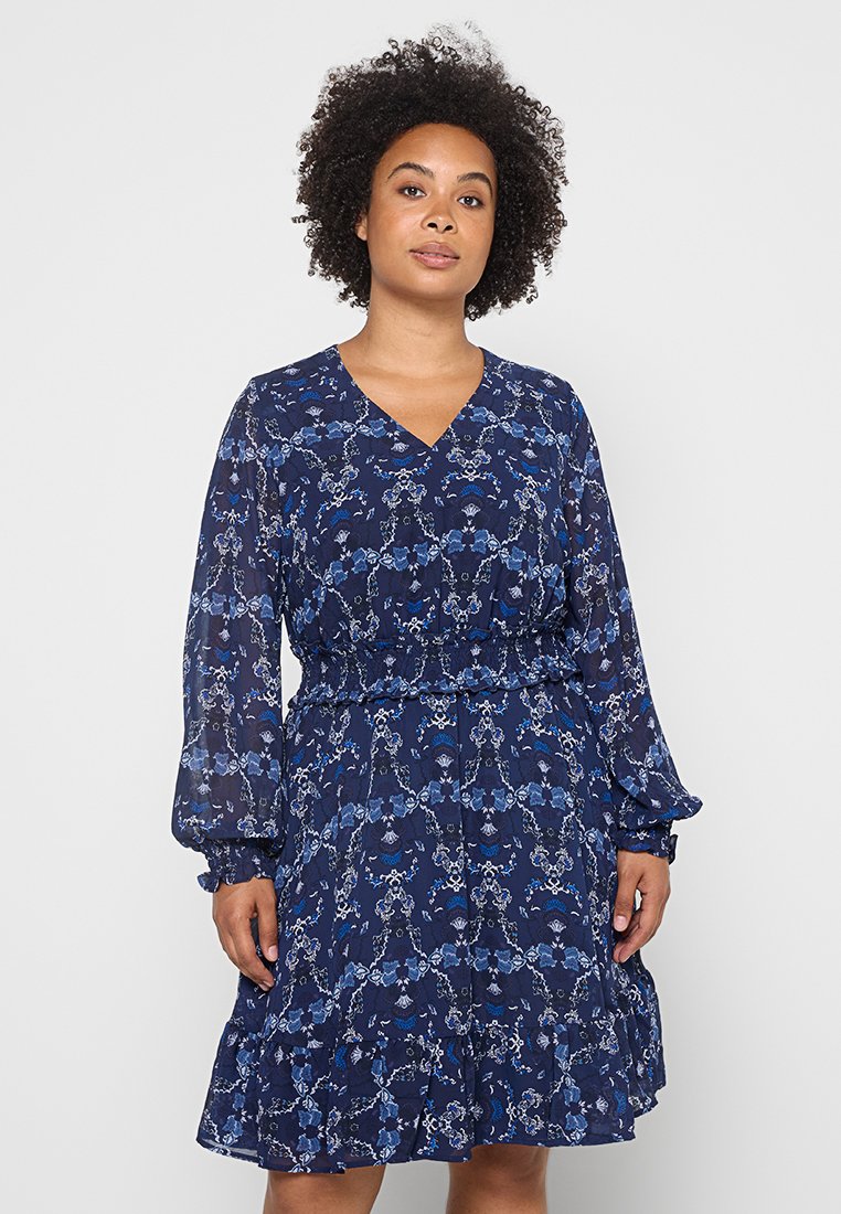Blaues Blumenmusterkleid mit langen Puffärmeln, V-Ausschnitt, elastischem Bund und Rüschensaum. Gefertigt aus transparenter, leichter Stoff mit komplexen Mustern.