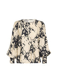 Luftige, cremefarbene Bluse mit schwarzem abstraktem Print. Verfügt über geraffte lange Ärmel und einen runden Halsausschnitt. Strukturstoff mit leichtem Glanz.