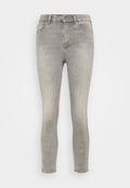 Graue Skinny-Jeans aus Denim mit mittelhohem Bund, fünf Taschen und subtilen Verblassungen an der Vorderseite für ein strukturiertes Erscheinungsbild.