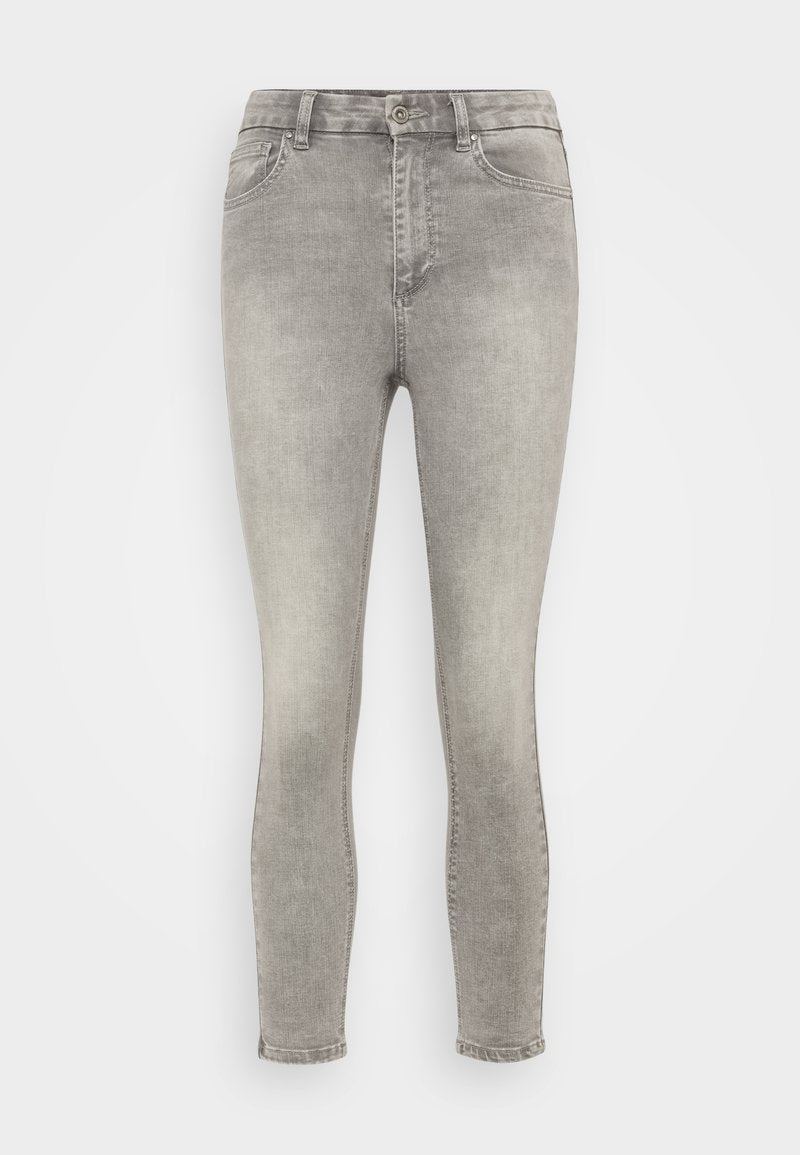 Graue Skinny-Jeans aus Denim mit mittelhohem Bund, fünf Taschen und subtilen Verblassungen an der Vorderseite für ein strukturiertes Erscheinungsbild.