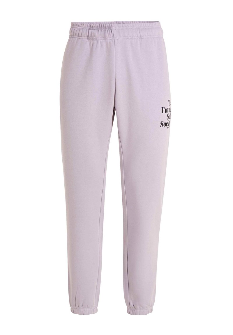 Helle lavendelfarbene Sweatpants mit elastischem Bund, elastischen Bündchen und einem bedruckten schwarzen Textdetail auf der Vorderseite. Weicher Stoff.
