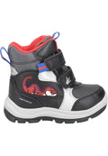 Schwarz-weiße Kinderstiefel mit roten Akzenten, ausgestattet mit einem roten Echsenmotiv, Klettverschluss und einer strukturierten Stoffoberfläche.