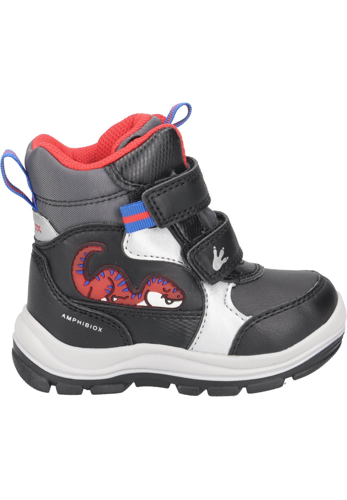 Schwarz-weiße Kinderstiefel mit roten Akzenten, ausgestattet mit einem roten Echsenmotiv, Klettverschluss und einer strukturierten Stoffoberfläche.