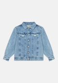 Hellblaues Jeansjacke mit spitzem Kragen, langen Ärmeln und vorderem Knopfverschluss. Verfügt über zwei Brusttaschen und silberfarbene Knöpfe.