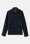 Dunkelgrün und marineblau kariertes Button-up-Jackett mit langen Ärmeln, Kragen und vier Fronttaschen.