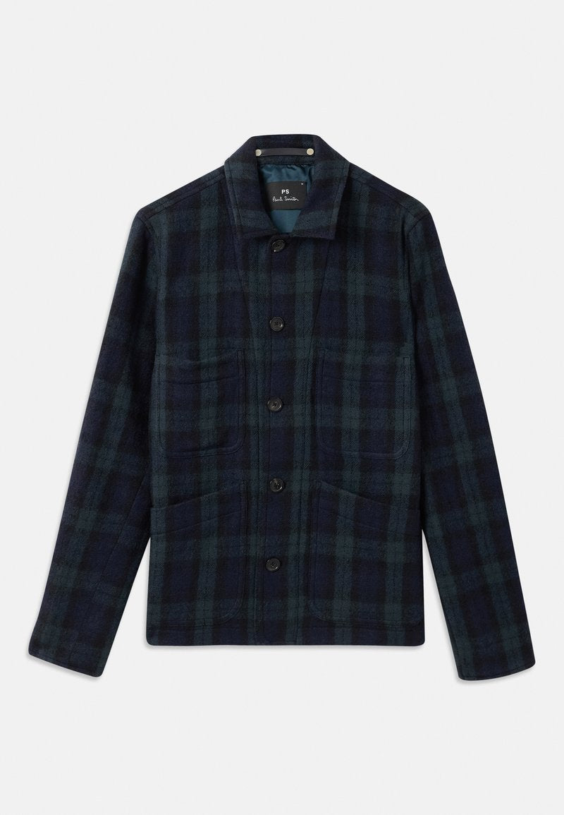 Dunkelgrün und marineblau kariertes Button-up-Jackett mit langen Ärmeln, Kragen und vier Fronttaschen.