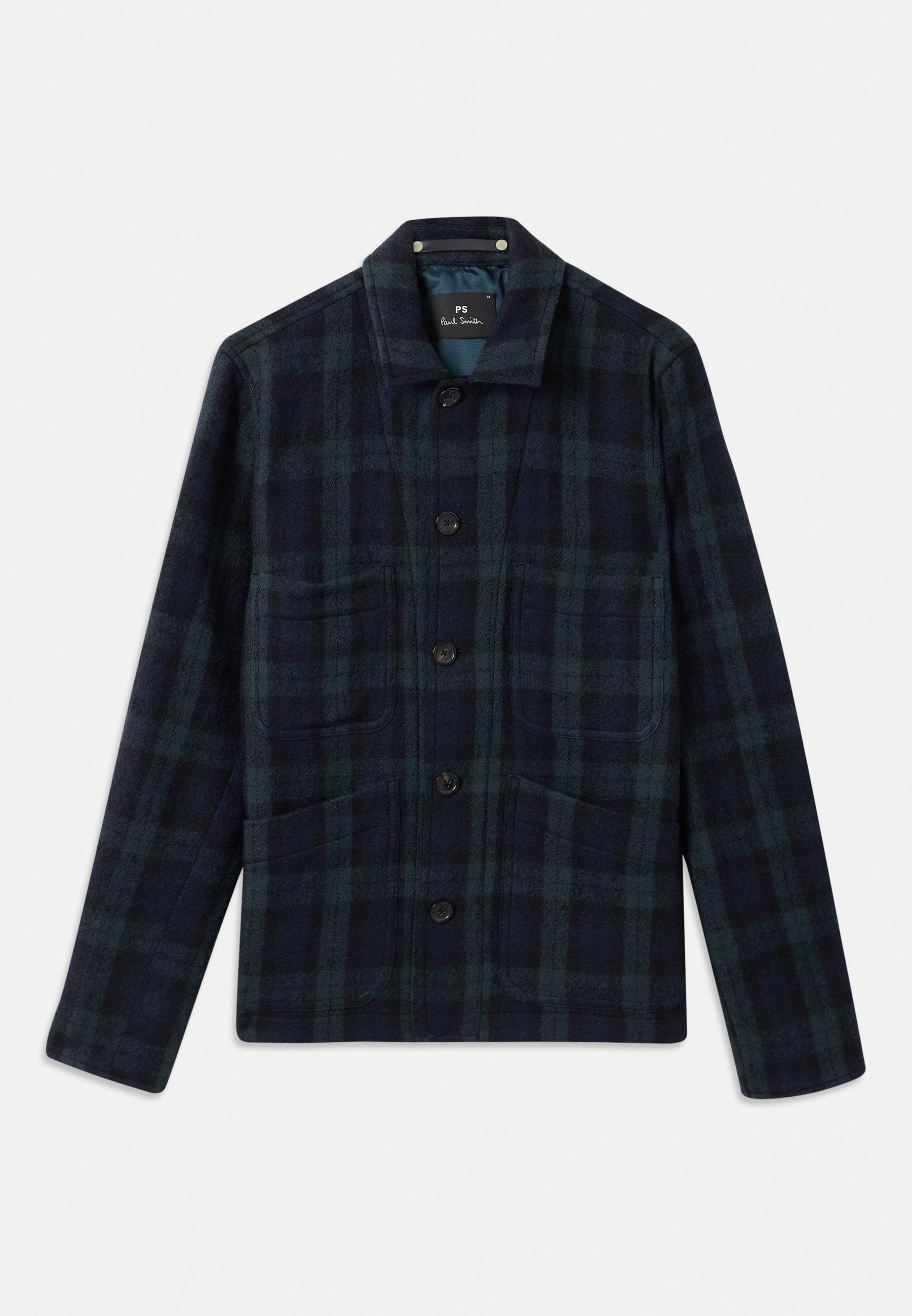 Dunkelgrün und marineblau kariertes Button-up-Jackett mit langen Ärmeln, Kragen und vier Fronttaschen.