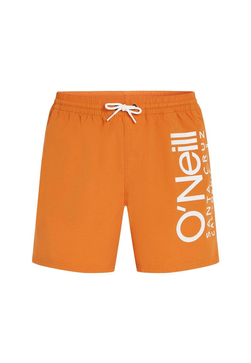 Orange Badehosen mit elastischem Bund und weißem Kordelzug. Mit großem weißem Logo und Text auf der linken Seite. Glattes Material.