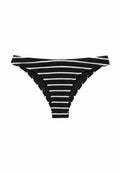 Schwarze und weiße gestreifte Bikinihose aus strukturiertem Stoff, mit niedrigem Schnitt und fransigen Kanten am Saum.