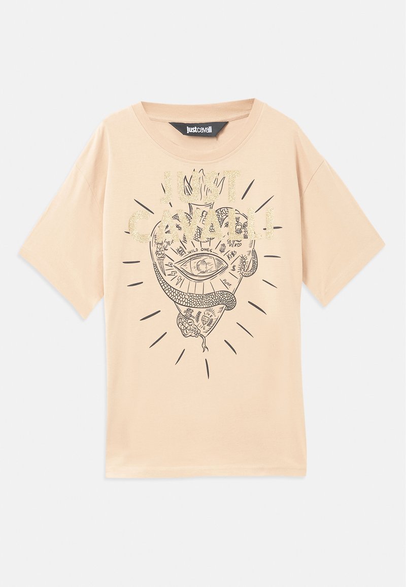 Beige Baumwoll-T-Shirt mit kurzen Ärmeln, das einen schwarzen und goldenen Grafikdruck eines stilisierten Auges und einer Schlange zeigt, umgeben von strahlenden Linien.