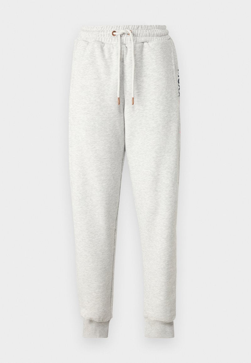 Hellgraue Sweatpants aus weichem Stoff mit einem elastischen Bund, verstellbarem Kordelzug und gerippten Bündchen. Seitentasche mit minimalem Branding.