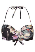 Schwarzer Bikini-Oberteil mit pastellfarbenem Blumenmuster, Halterneck-Träger, die oben gebunden sind, und einer Schleifen-Details an der Vordermitte.