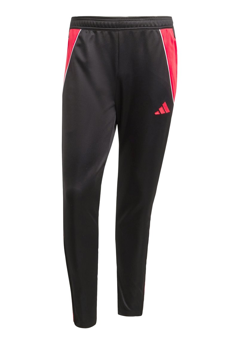 Schwarze Sporthosen mit roten Seitenpanelen, elastischem Bund und dem Adidas-Logo in Rot. Hergestellt aus glattem, leichtem Stoff.