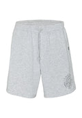 Hellgraue legere Shorts mit elastischem Bund und Kordelzug, mit einer runden ozeanbezogenen Grafik am unteren rechten Bein.