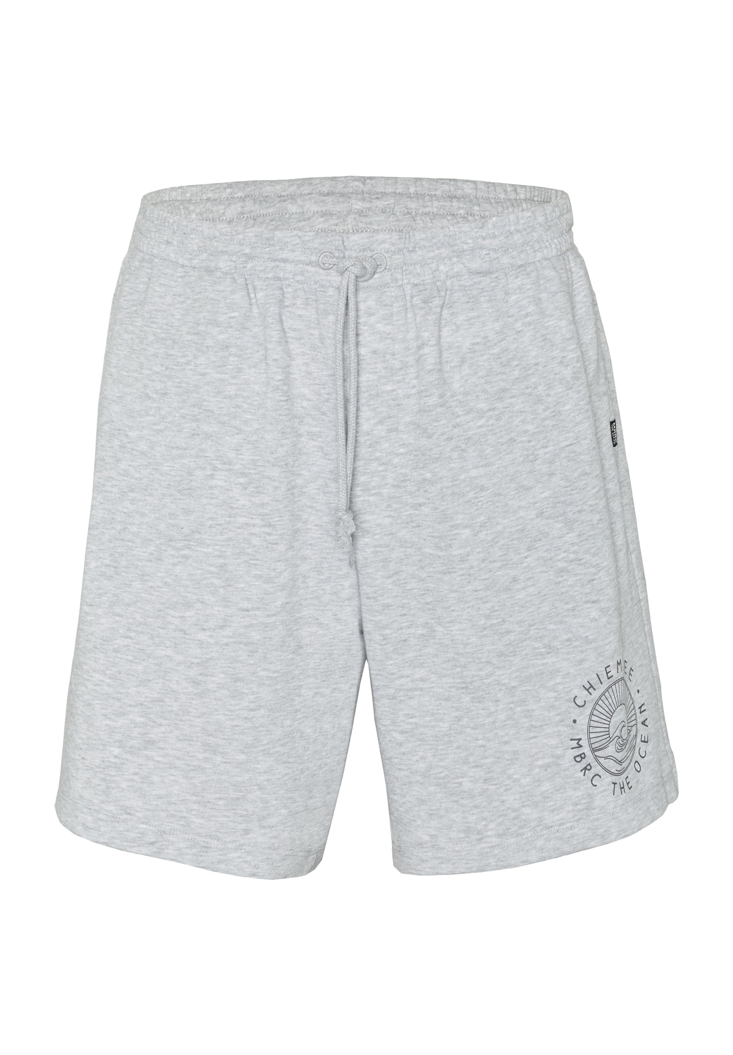 Hellgraue legere Shorts mit elastischem Bund und Kordelzug, mit einer runden ozeanbezogenen Grafik am unteren rechten Bein.
