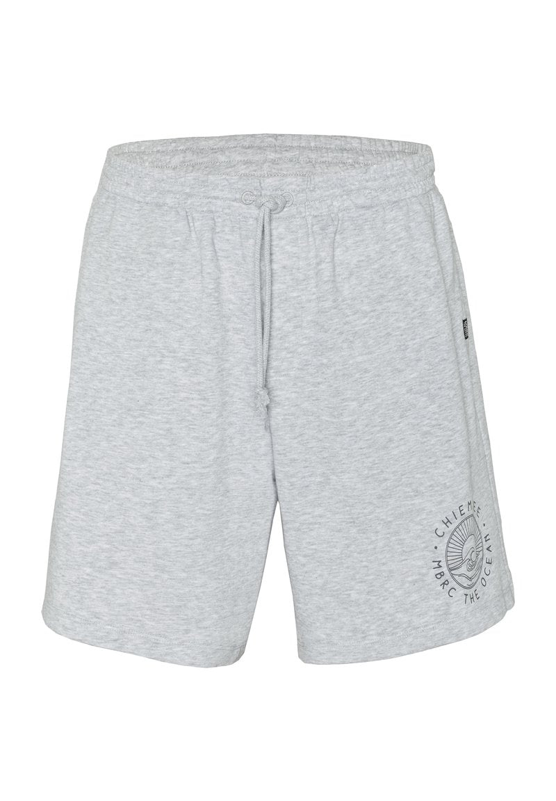 Hellgraue legere Shorts mit elastischem Bund und Kordelzug, mit einer runden ozeanbezogenen Grafik am unteren rechten Bein.