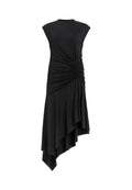 Schwarzes ärmelloses Kleid mit gerafften Details an der Seite, ausgestattet mit einem asymmetrischen Saum, der elegant fällt. Weiche Stofftextur.