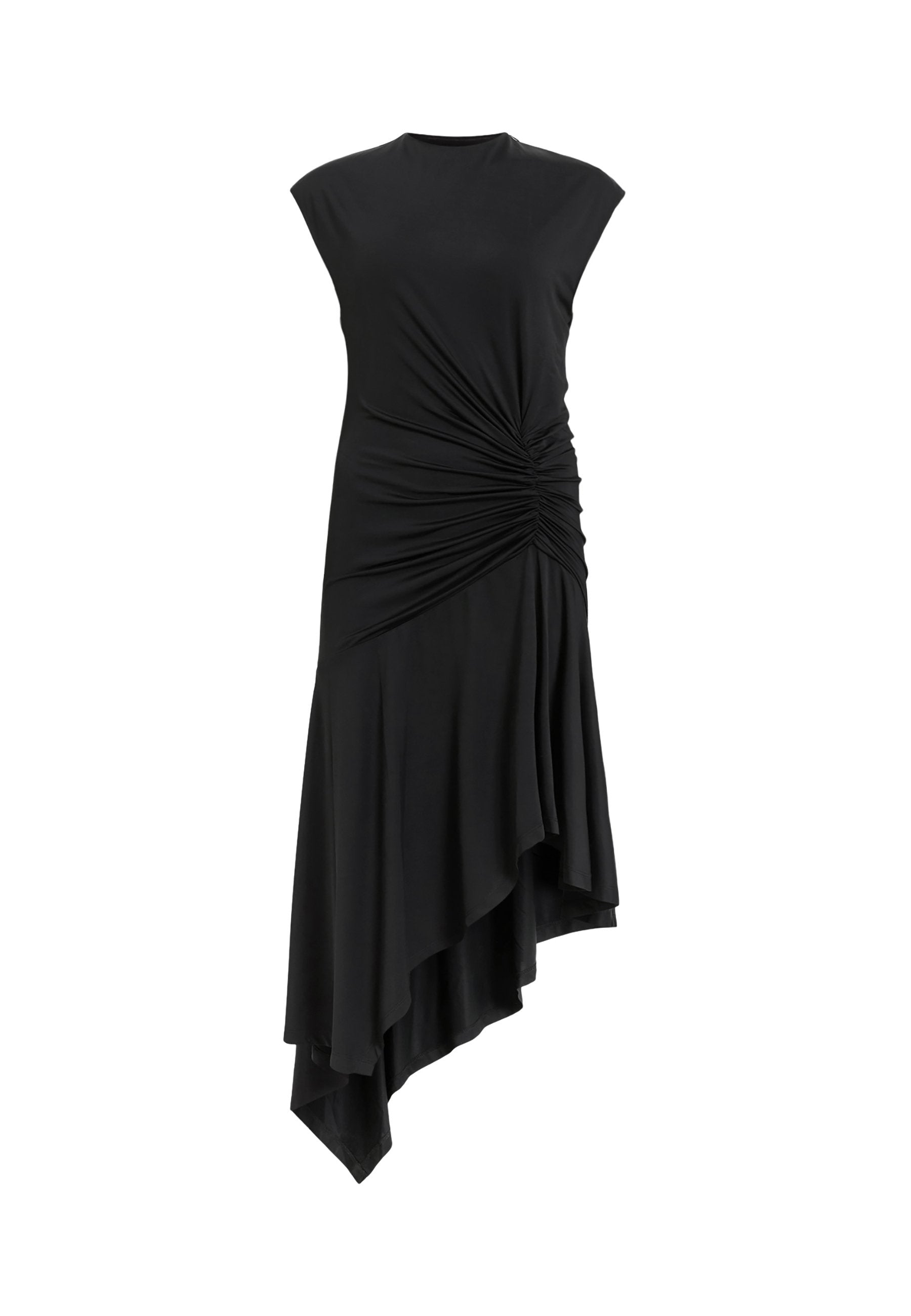 Schwarzes ärmelloses Kleid mit gerafften Details an der Seite, ausgestattet mit einem asymmetrischen Saum, der elegant fällt. Weiche Stofftextur.