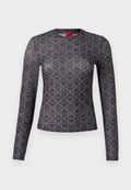 Langärmliges Shirt in Schwarz und Grau mit einem geometrischen Muster. Verfügt über einen Rundhalsausschnitt und ein Logodetail auf der Vorder- und Rückseite. Weiche Textur.