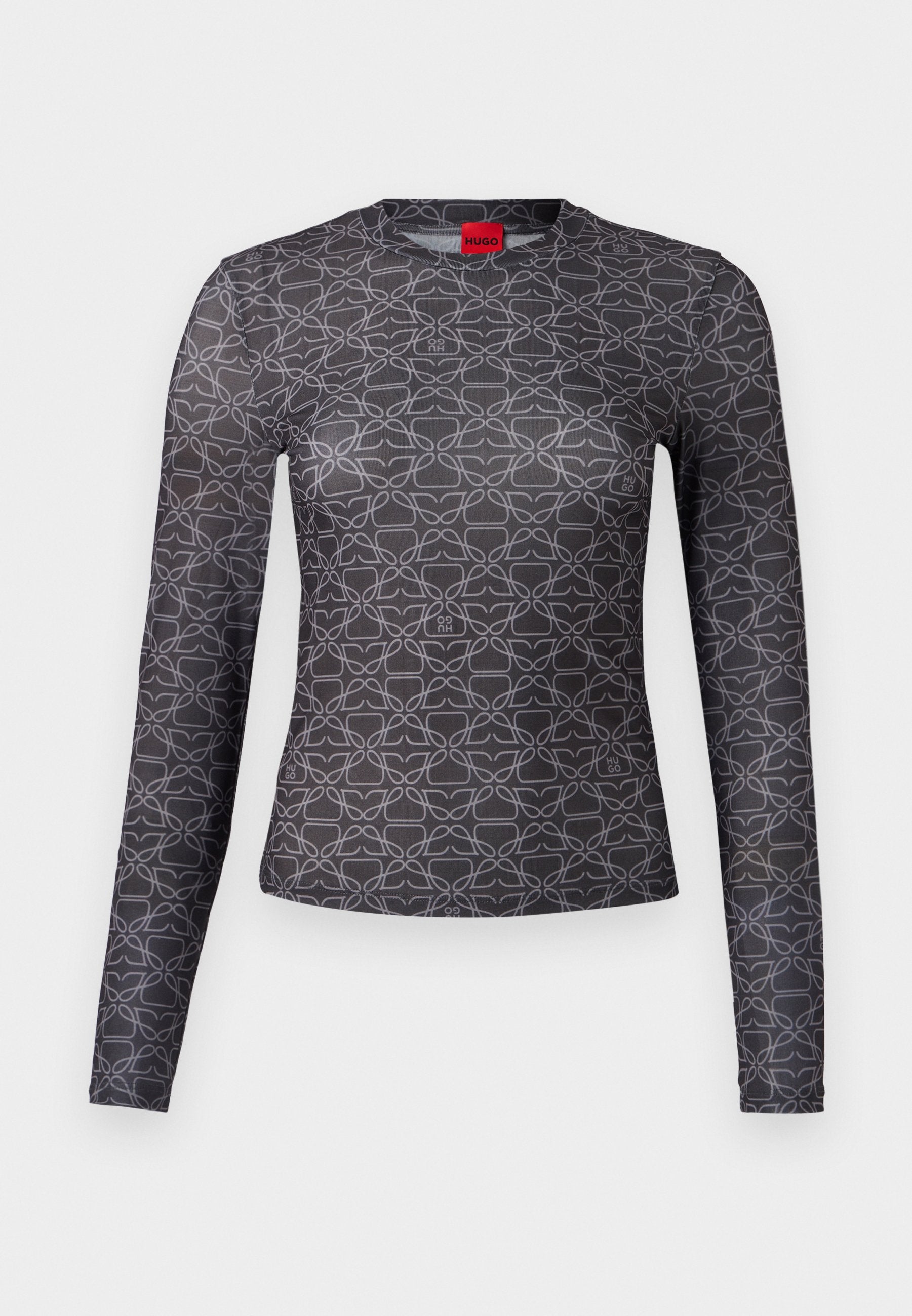 Langärmliges Shirt in Schwarz und Grau mit einem geometrischen Muster. Verfügt über einen Rundhalsausschnitt und ein Logodetail auf der Vorder- und Rückseite. Weiche Textur.