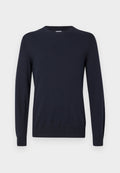 Marineblauer Strickpullover mit Rundhalsausschnitt, langen Ärmeln und gerippten Bündchen. Glatte Textur und leichtes Design für angenehmen Tragekomfort.