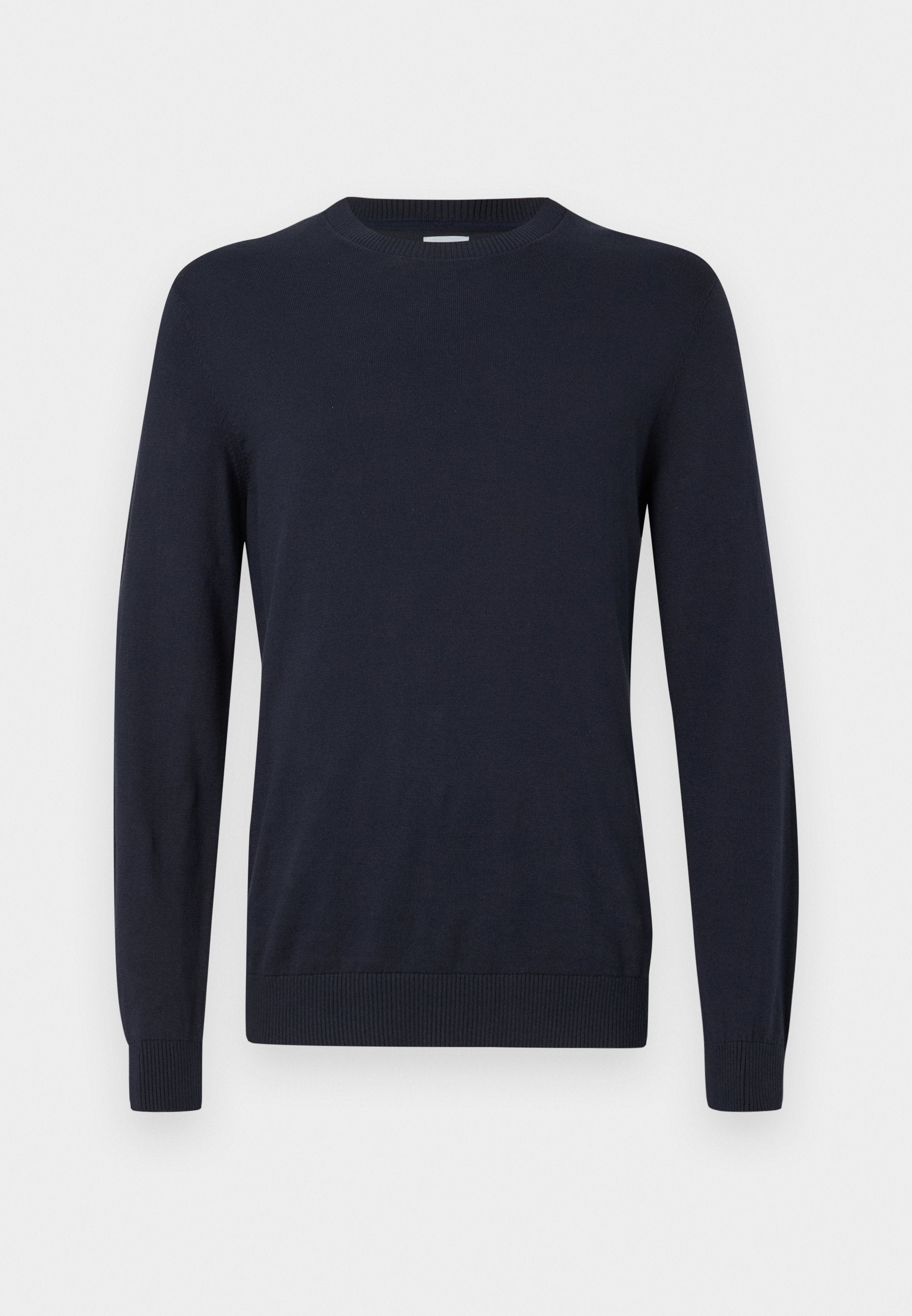 Marineblauer Strickpullover mit Rundhalsausschnitt, langen Ärmeln und gerippten Bündchen. Glatte Textur und leichtes Design für angenehmen Tragekomfort.