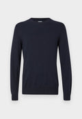 Marineblauer Strickpullover mit Rundhalsausschnitt, langen Ärmeln und gerippten Bündchen. Glatte Textur und leichtes Design für angenehmen Tragekomfort.