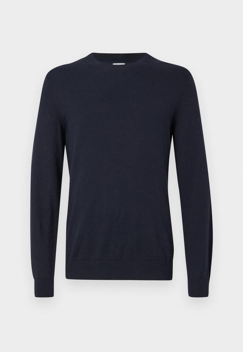 Marineblauer Strickpullover mit Rundhalsausschnitt, langen Ärmeln und gerippten Bündchen. Glatte Textur und leichtes Design für angenehmen Tragekomfort.