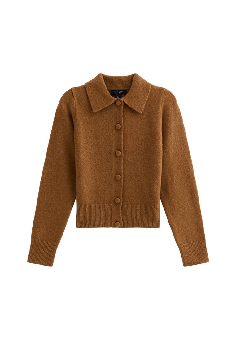 Braune Strickjacke mit Kragen, Knopfleiste, gerippten Bündchen und Saum, aus einem weichen wollähnlichen Material.
