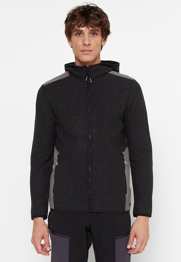 Kapuzensweatjacke in Dunkelgrau mit Hellgrauen Akzenten, ausgestattet mit einem Reißverschluss und zwei seitlichen Taschen aus strukturiertem Stoff.