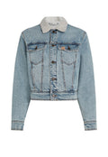 Gekürzte denimjacke in hellblau. Mit einem Kunstfellkragen, Knopfverschlüssen, zwei Brusttaschen und einem ausgewaschenen Look mit Steppnähten.