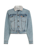 Gekürzte denimjacke in hellblau. Mit einem Kunstfellkragen, Knopfverschlüssen, zwei Brusttaschen und einem ausgewaschenen Look mit Steppnähten.