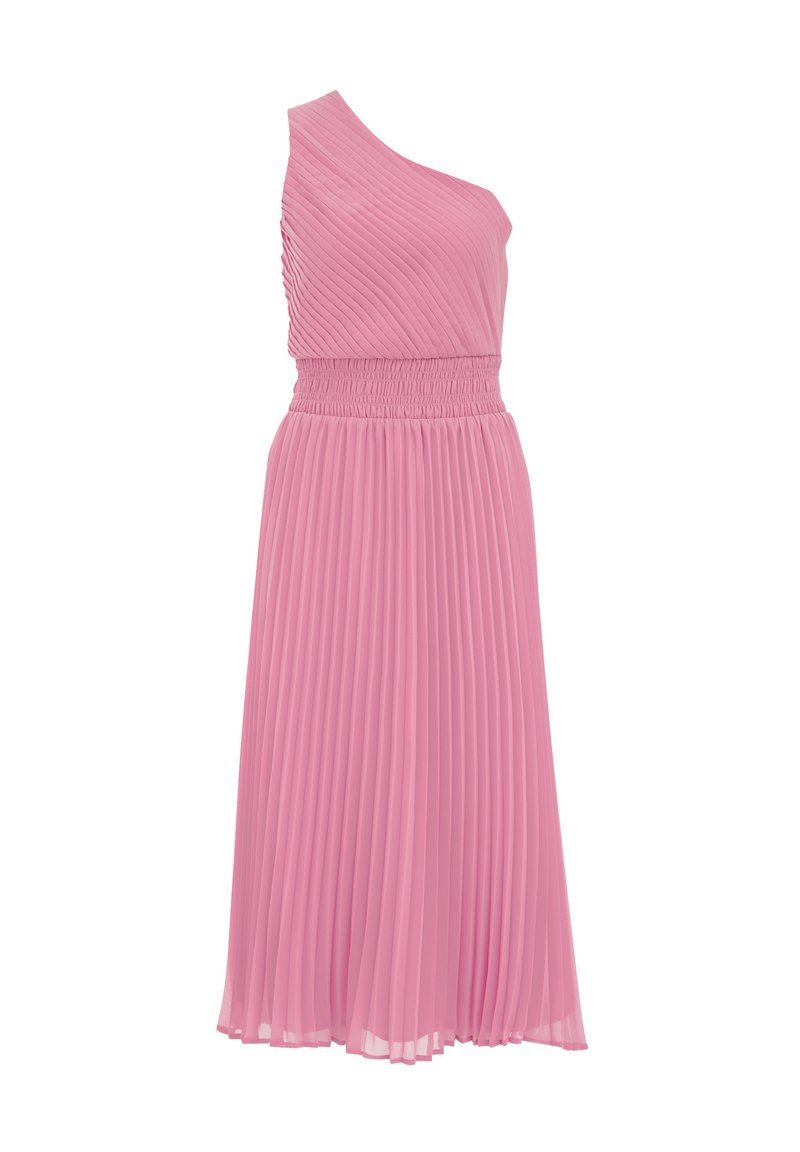 Faltenkleid mit einem schulterfreien Design aus sanftem rosa Stoff. Verfügt über einen gerafften Taillenbund, eine fließende Silhouette und einen knielangen Saum. Glatte Textur.