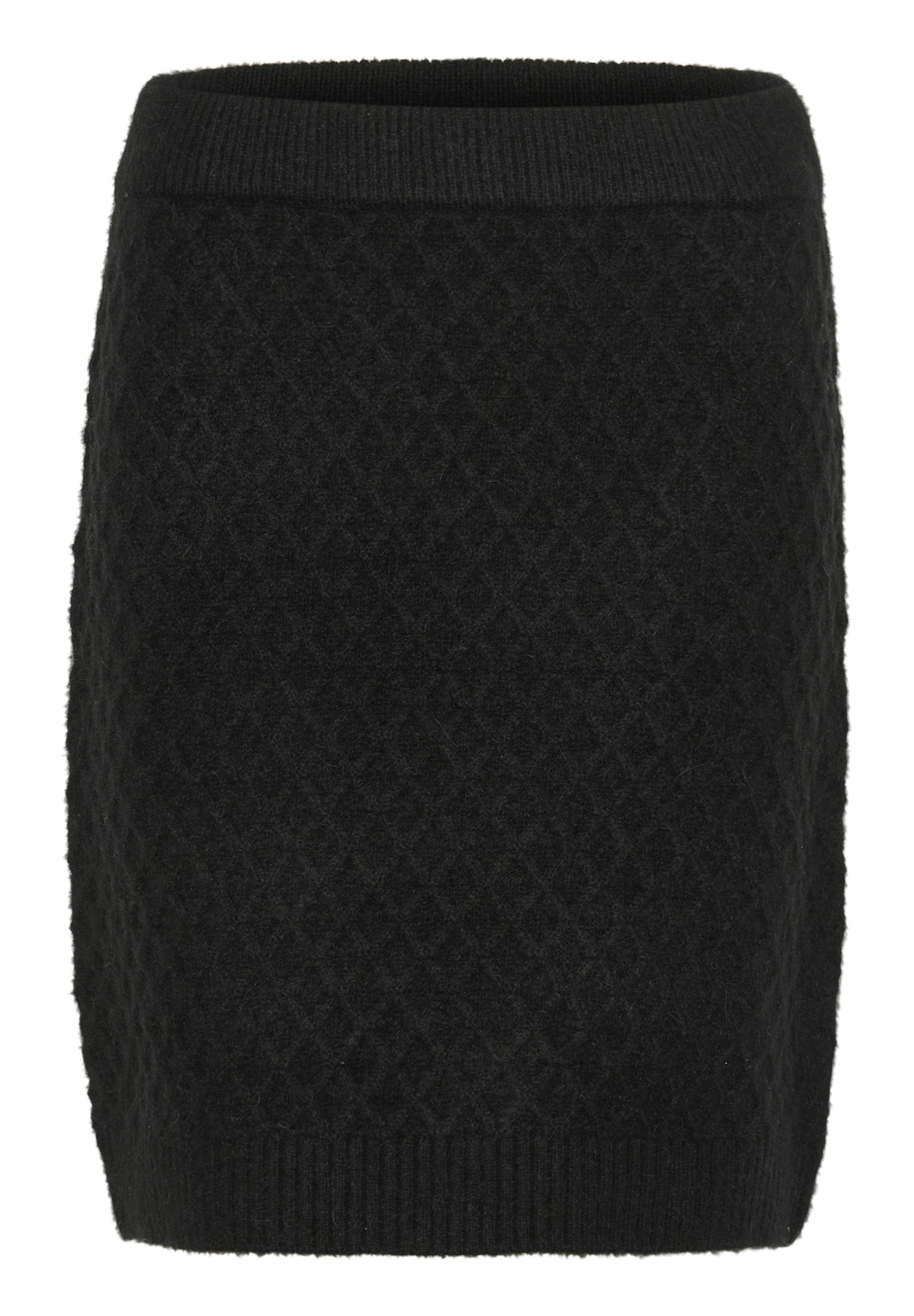 Schwarze gestrickte Rock mit einem strukturierten diagonalen Muster. Verfügt über einen eng anliegenden Bund und einen geraden Schnitt. Hergestellt aus weichem Stoff.